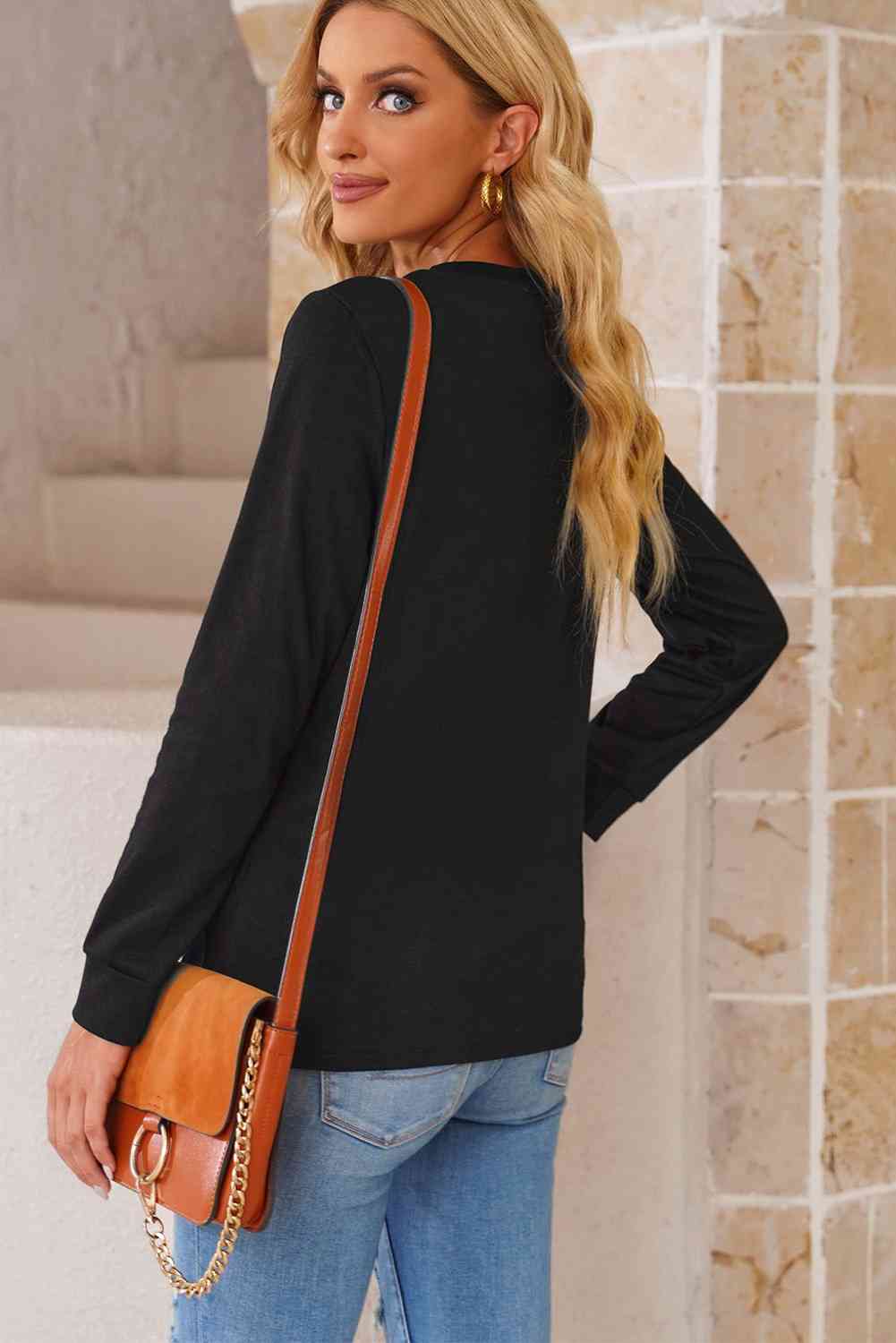 Round Neck Long Sleeve Top - TRENDMELO