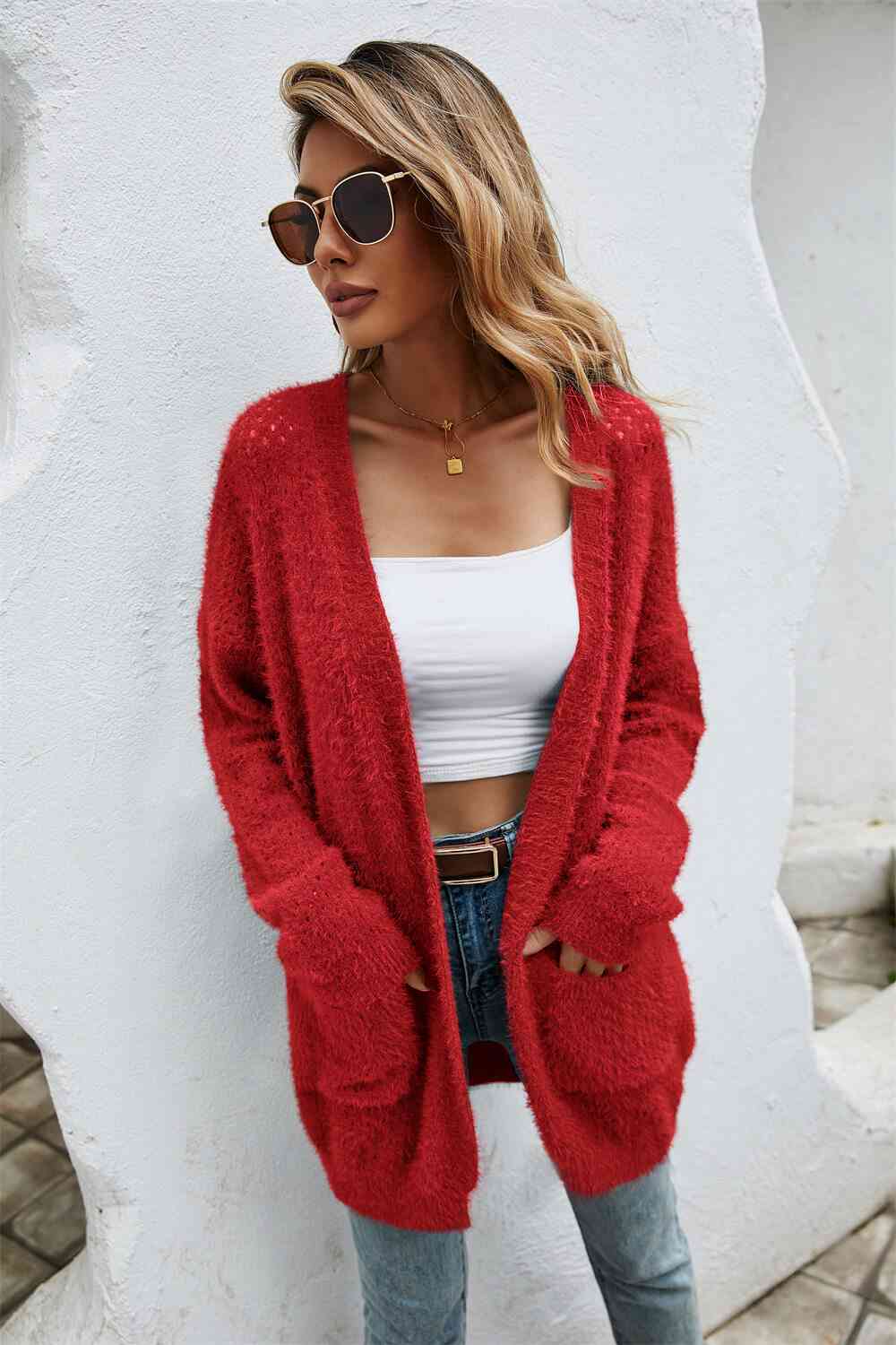 Open Front Openwork Fuzzy Cardigan with Pockets - TRENDMELO