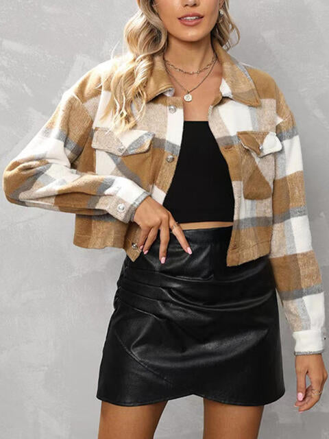 Plaid Collared Neck Button Down Jacket - TRENDMELO