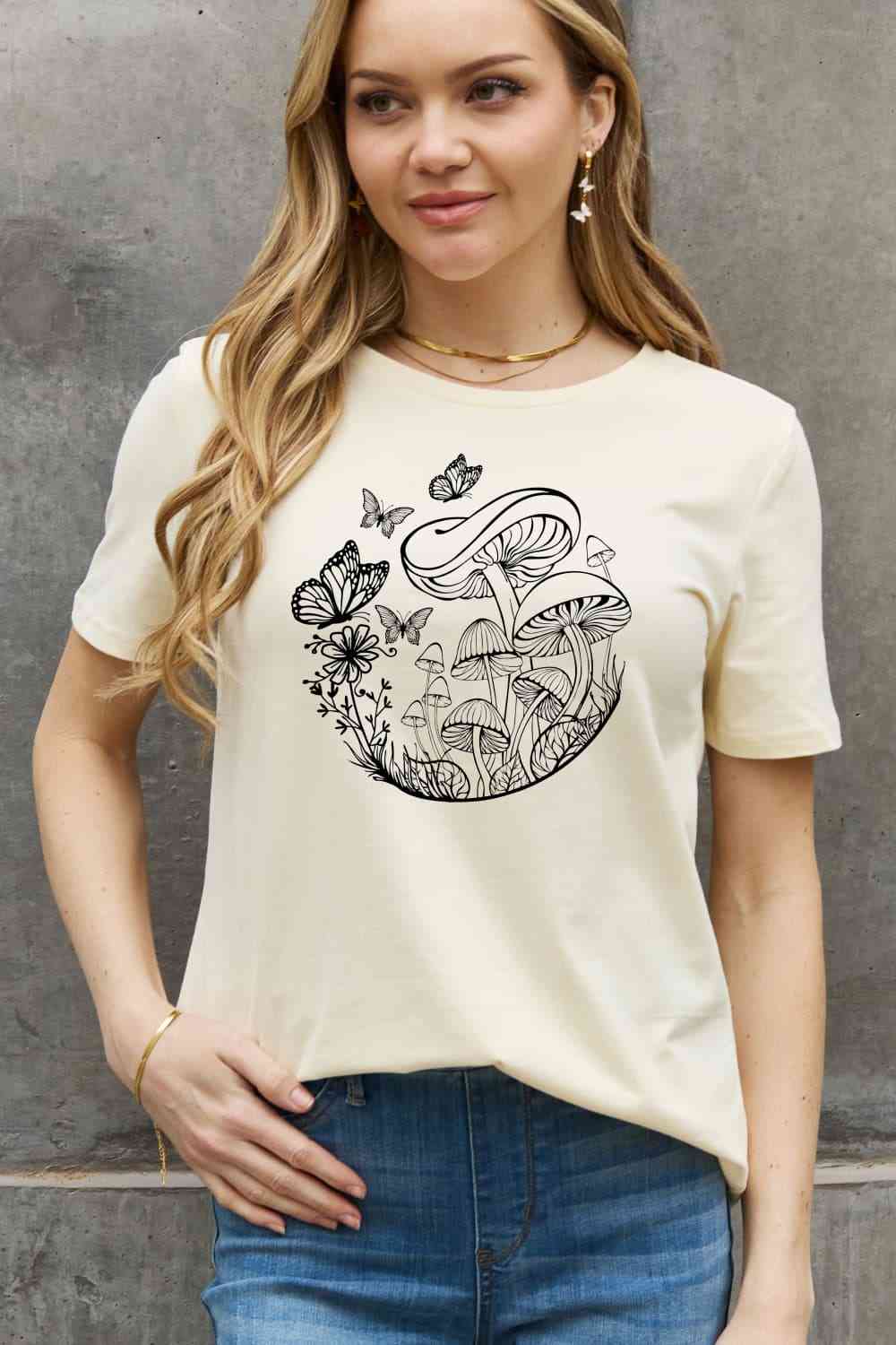 Simply Love Full Size Butterfly & Mushroom Graphic Cotton Tee - TRENDMELO