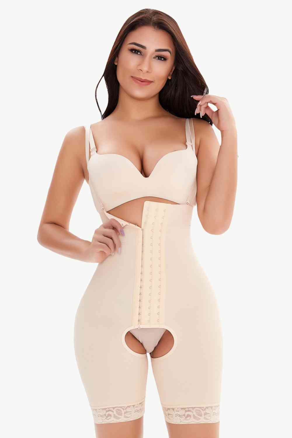 Full Size Hook-and-Eye Lace Trim Shaping Bodysuit - TRENDMELO