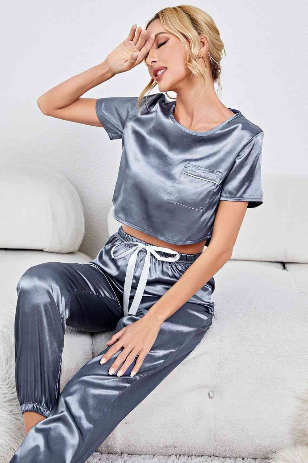 Satin Short Sleeve Crop Top and Joggers Lounge Set - TRENDMELO