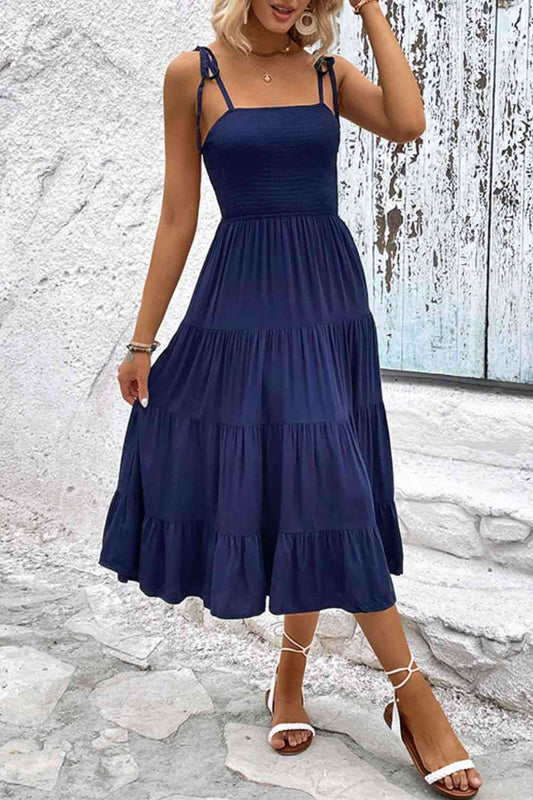 Tie-Shoulder Tiered Midi Dress - TRENDMELO