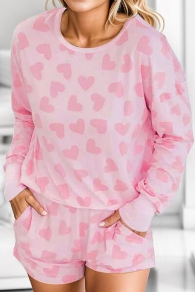 Heart Print Round Neck Top and Shorts Lounge Set - TRENDMELO