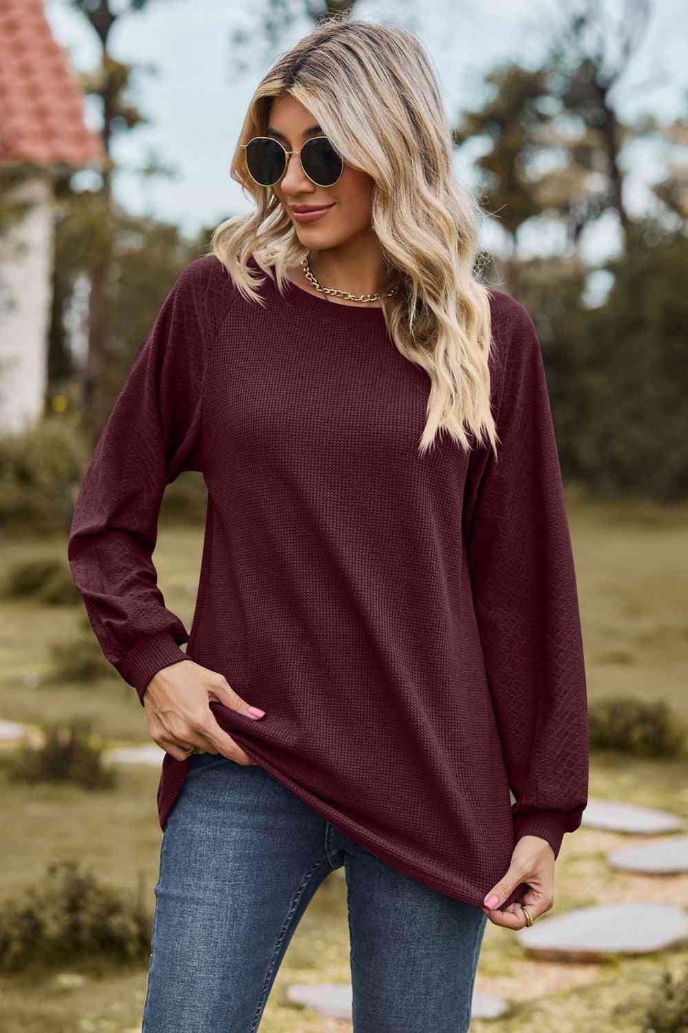 Round Neck Raglan Sleeve Sweatshirt - TRENDMELO