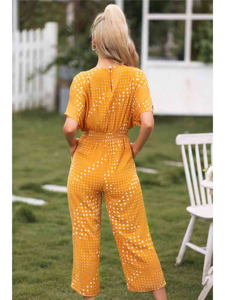 Polka Dot Surplice Neck Jumpsuit with Pockets - TRENDMELO