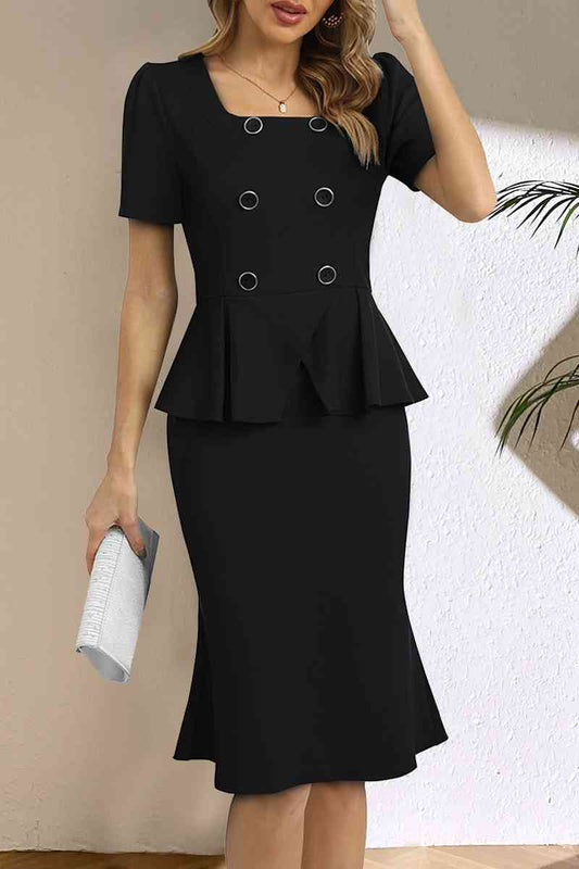 Square Neck Short Sleeve Pencil Dress - TRENDMELO