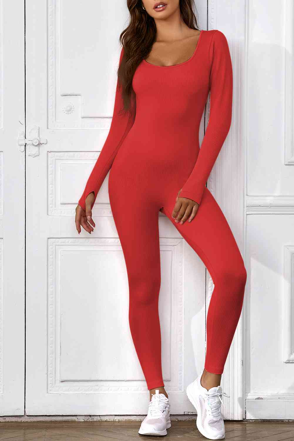 Long Sleeve Scoop Neck Skinny Jumpsuit - TRENDMELO