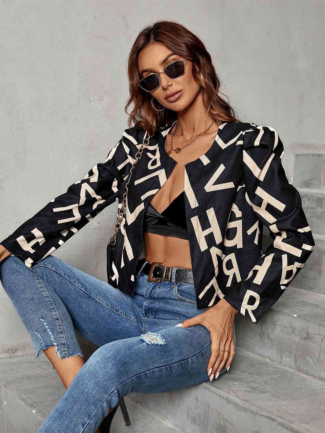 Printed Round Neck Long Sleeve Jacket - TRENDMELO