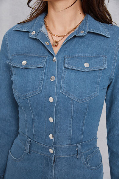 Snap Down Denim Jumpsuit with Pockets - TRENDMELO