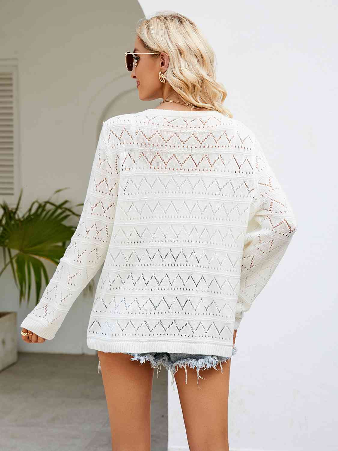 Round Neck Openwork Long Sleeve Knit Top - TRENDMELO