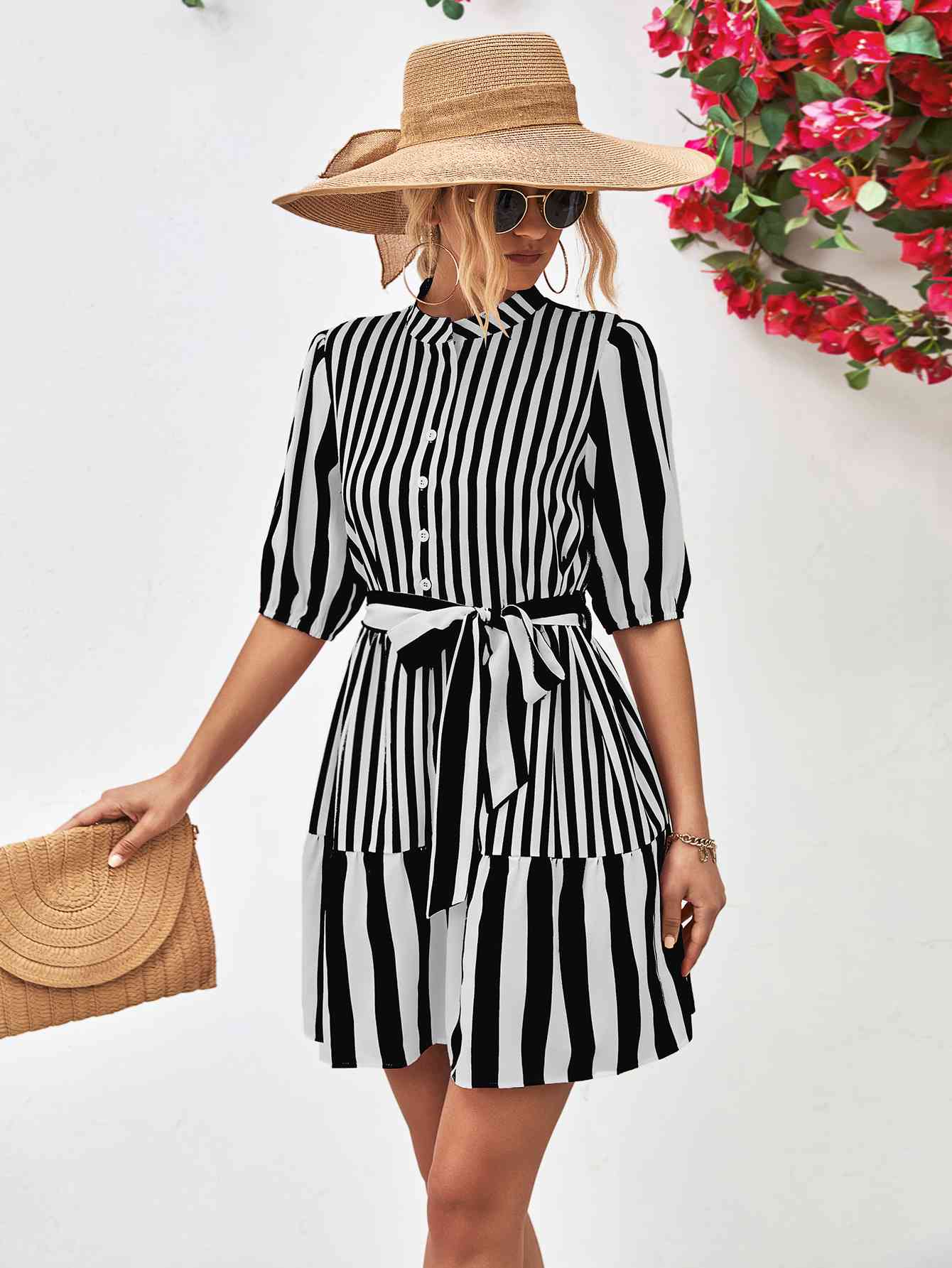 Striped Half Sleeve Tie Waist Mini Dress - TRENDMELO