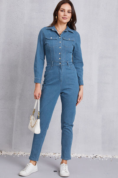 Snap Down Denim Jumpsuit with Pockets - TRENDMELO