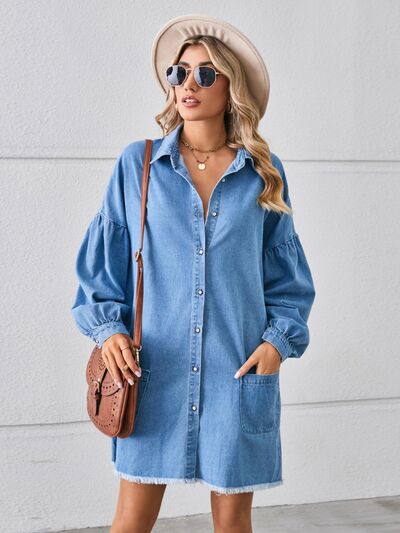 Button Up Pocketed Raw Hem Denim Dress - TRENDMELO