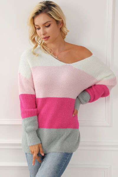 Color Block V-Neck Dropped Shoulder Sweater - TRENDMELO