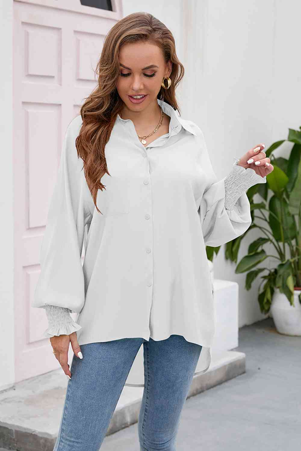 High-Low Collared Neck Lantern Sleeve Shirt - TRENDMELO