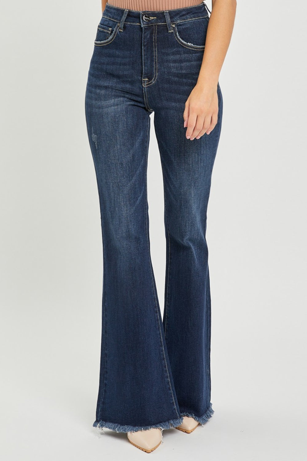 RISEN High Waist Raw Hem Flare Jeans - TRENDMELO