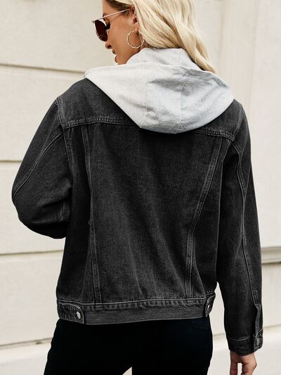 Drawstring Hooded Button Up Denim Jacket - TRENDMELO