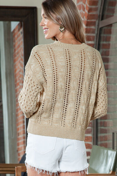 Full Size Openwork Cable-Knit Round Neck Knit Top - TRENDMELO