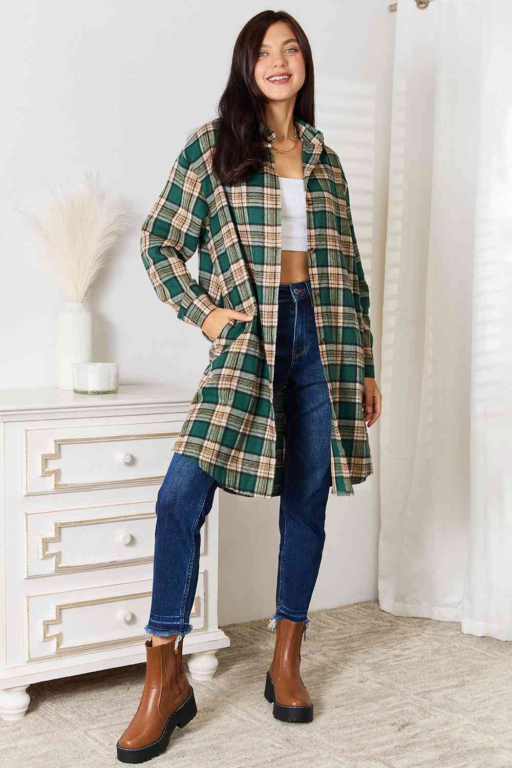 Double Take Plaid Collared Neck Long Sleeve Shirt - TRENDMELO