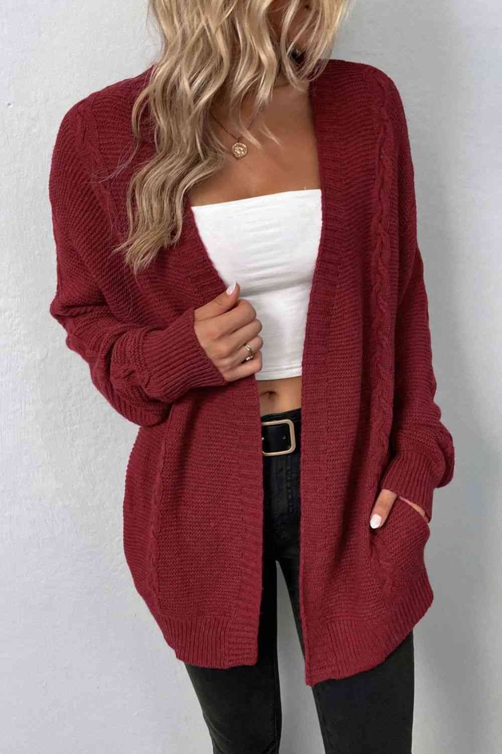 Cable-Knit Open Front Cardigan with Pockets - TRENDMELO