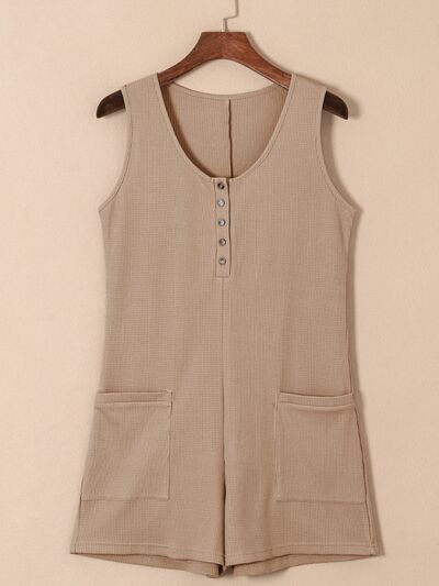 Waffle-Knit Half Button Sleeveless Romper with Pockets - TRENDMELO