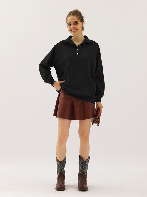 Ninexis Full Size Quarter-Button Collared Sweatshirt - TRENDMELO