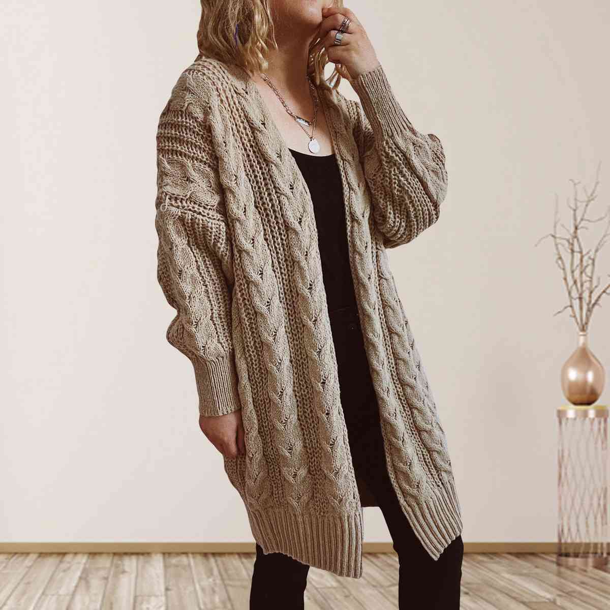 Cable-Knit Open Front Dropped Shoulder Cardigan - TRENDMELO