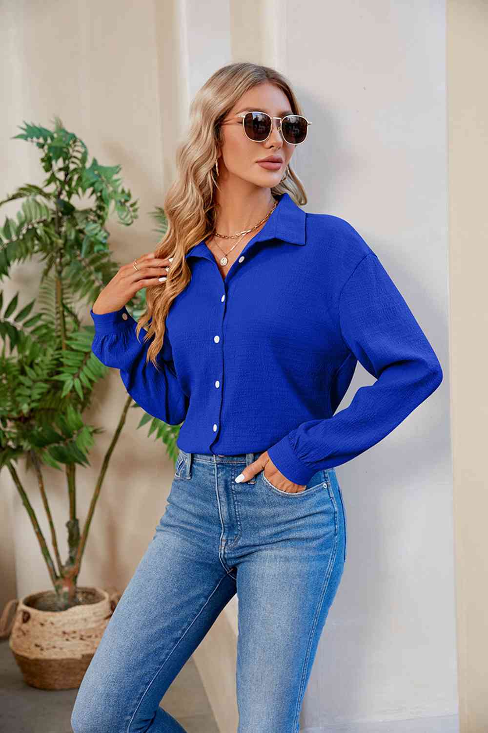 Collared Neck Buttoned Long Sleeve Shirt - TRENDMELO