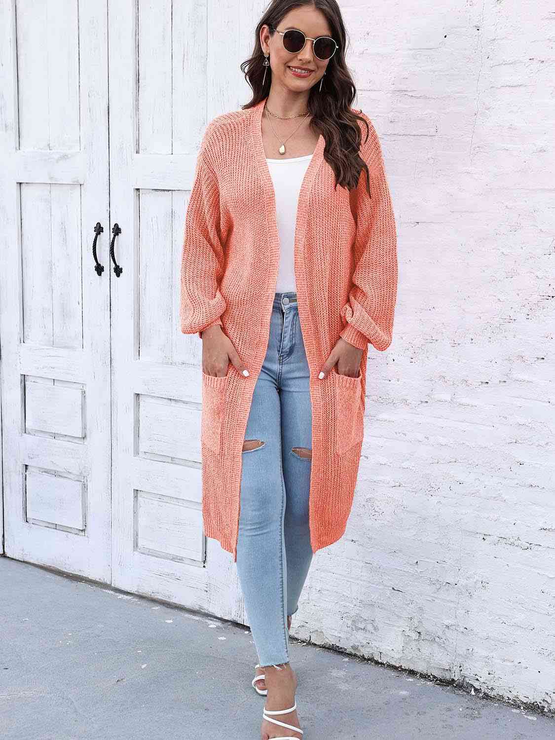 Open Front Longline Cardigan with Pockets - TRENDMELO