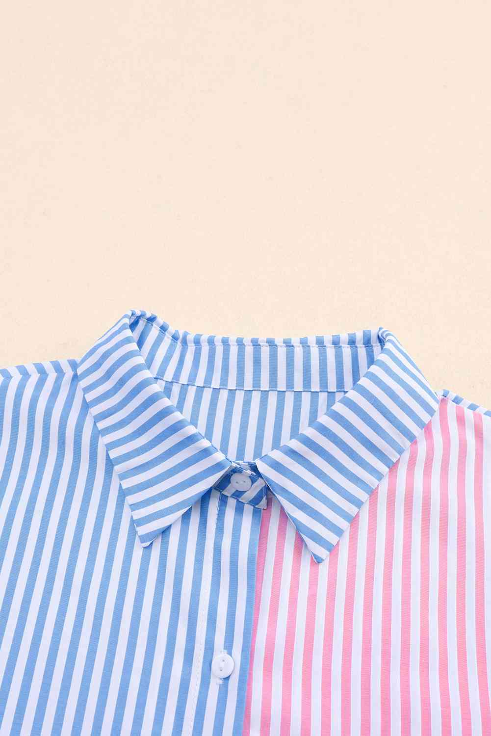 Striped Two-Tone Long Sleeve Shirt with Pocket - TRENDMELO