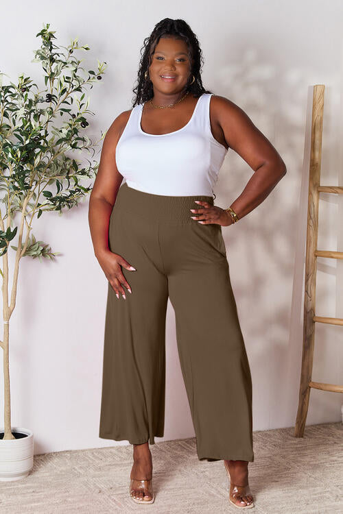 Double Take Full Size Smocked Wide Waistband Wide Leg Pants - TRENDMELO