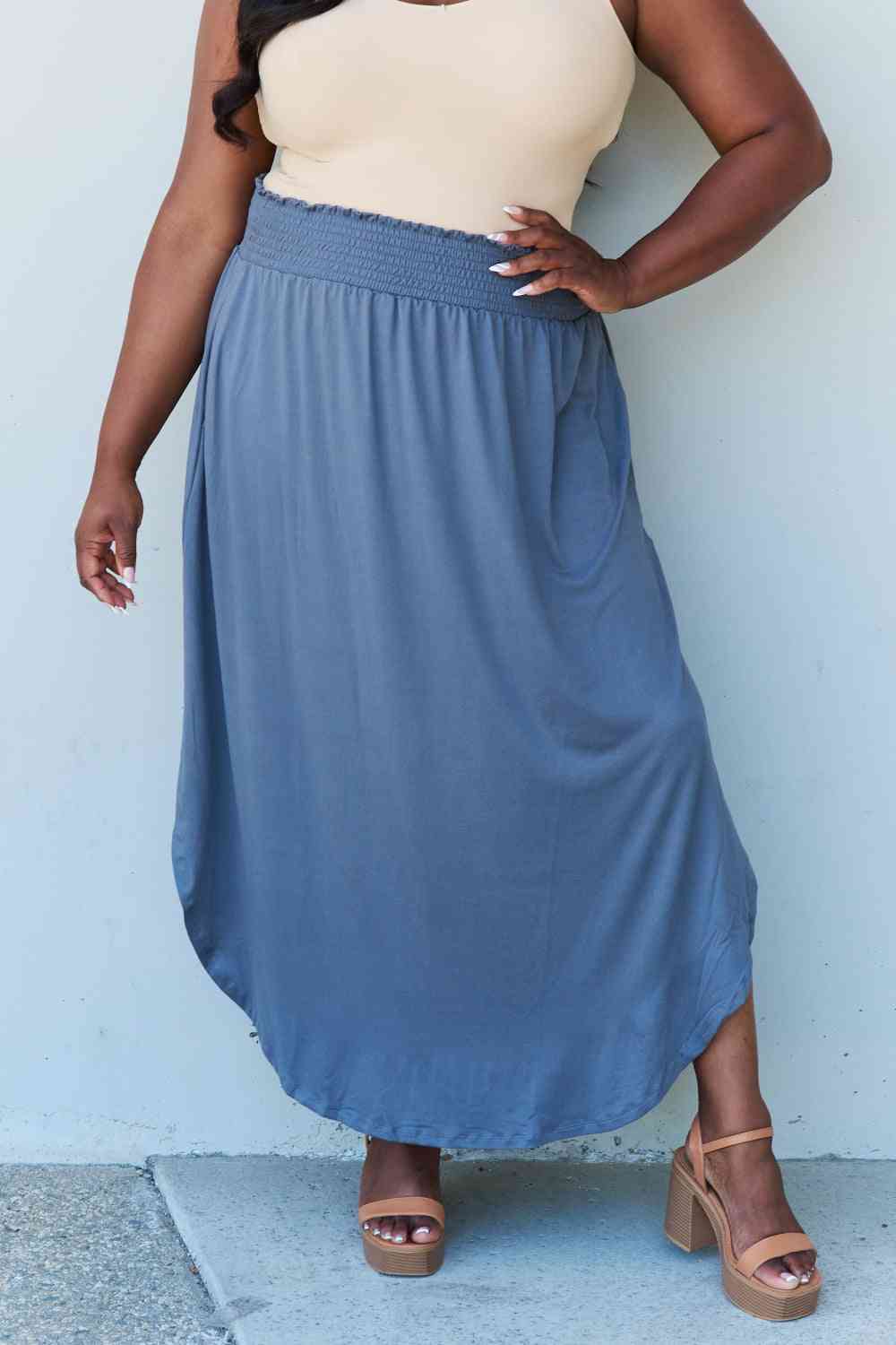 Doublju Comfort Princess Full Size High Waist Scoop Hem Maxi Skirt in Dusty Blue - TRENDMELO