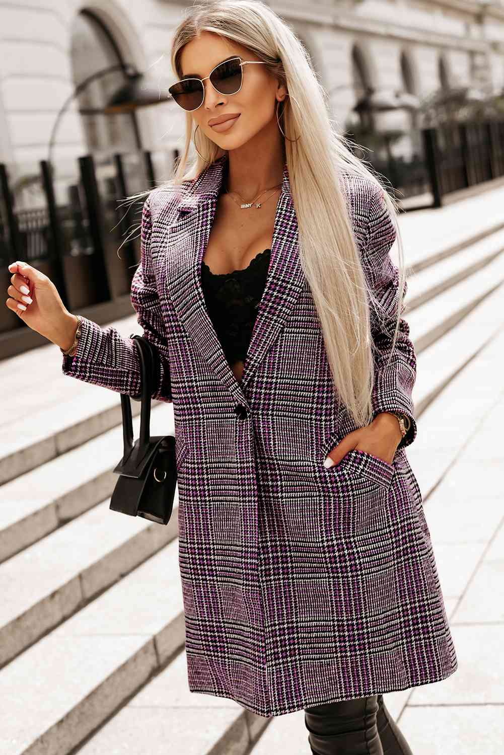 Plaid Lapel Collar Longline Blazer - TRENDMELO