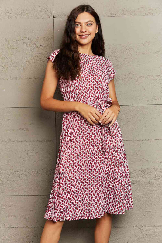 Round Neck Tie Waist Dress - TRENDMELO
