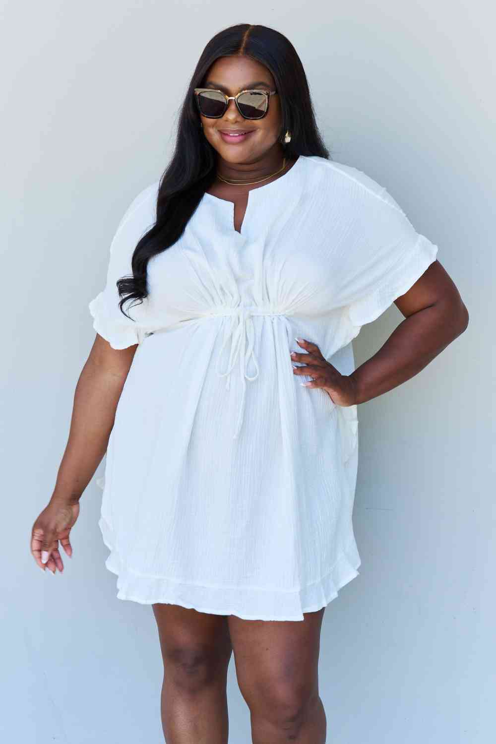 Ninexis Out Of Time Full Size Ruffle Hem Dress with Drawstring Waistband in White - TRENDMELO