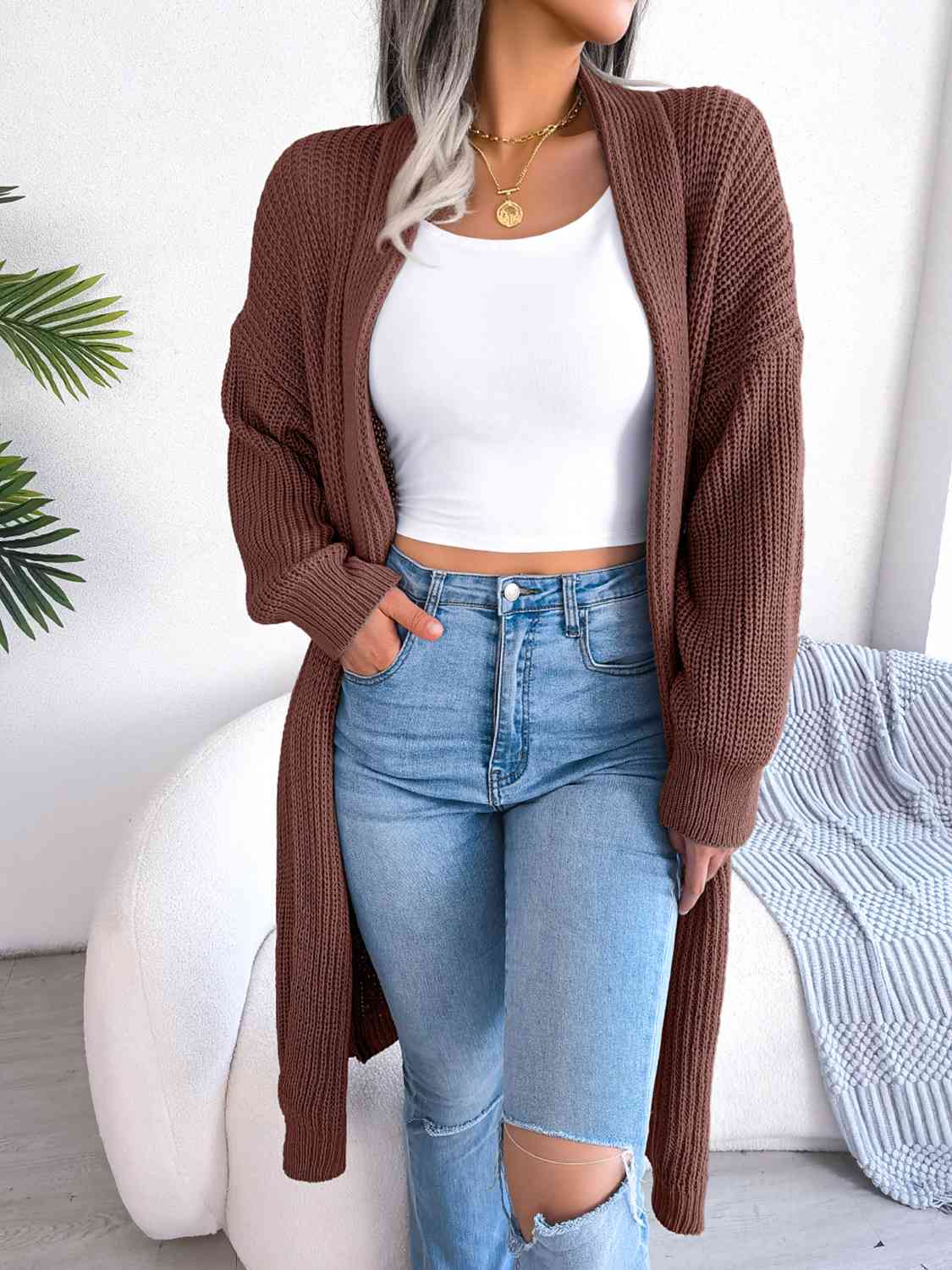 Open Front Dropped Shoulder Longline Cardigan - TRENDMELO