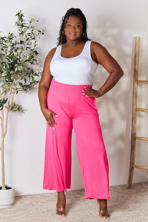 Double Take Full Size Smocked Wide Waistband Wide Leg Pants - TRENDMELO