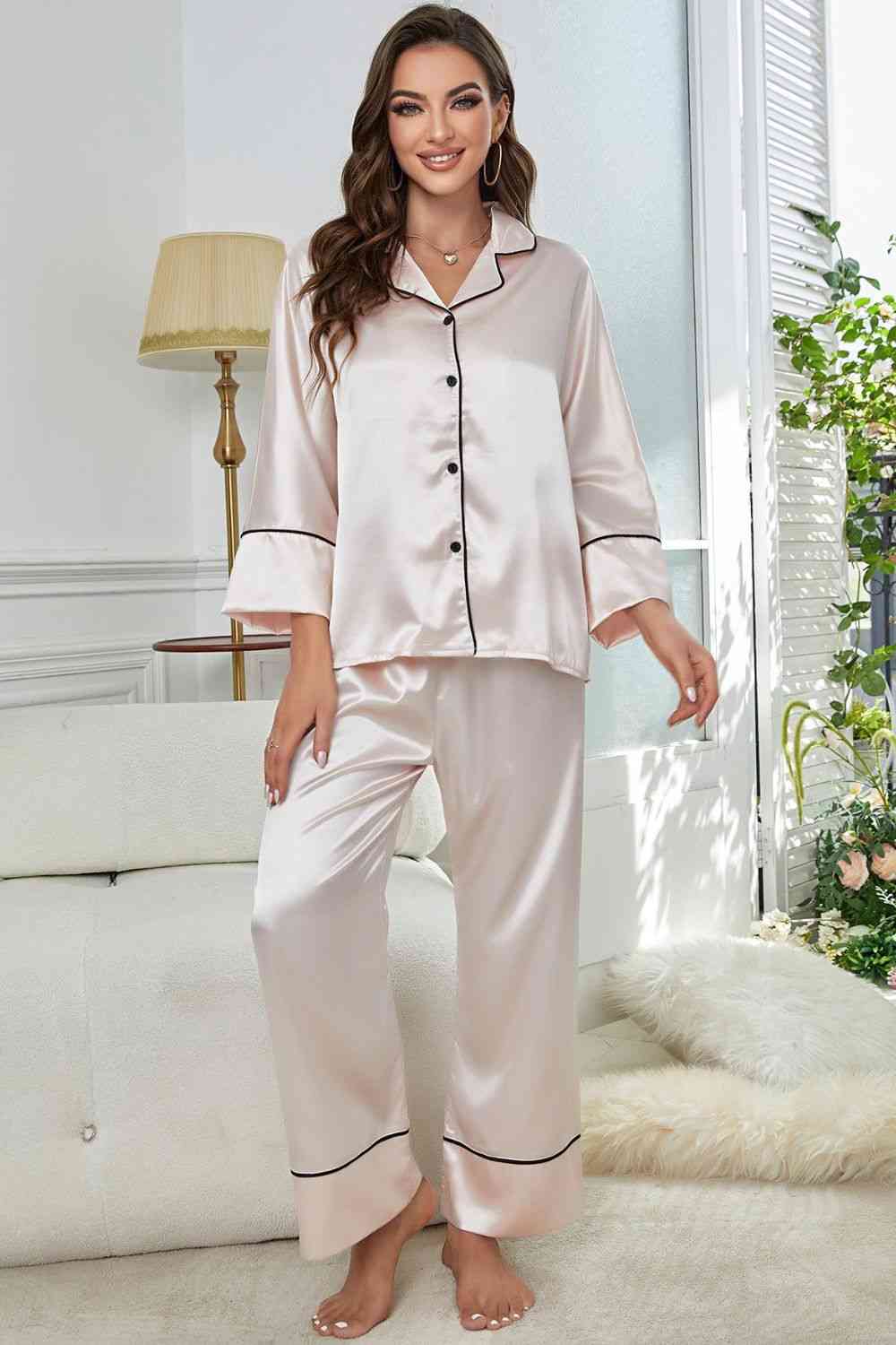 Contrast Piping Button-Up Top and Pants Pajama Set - TRENDMELO