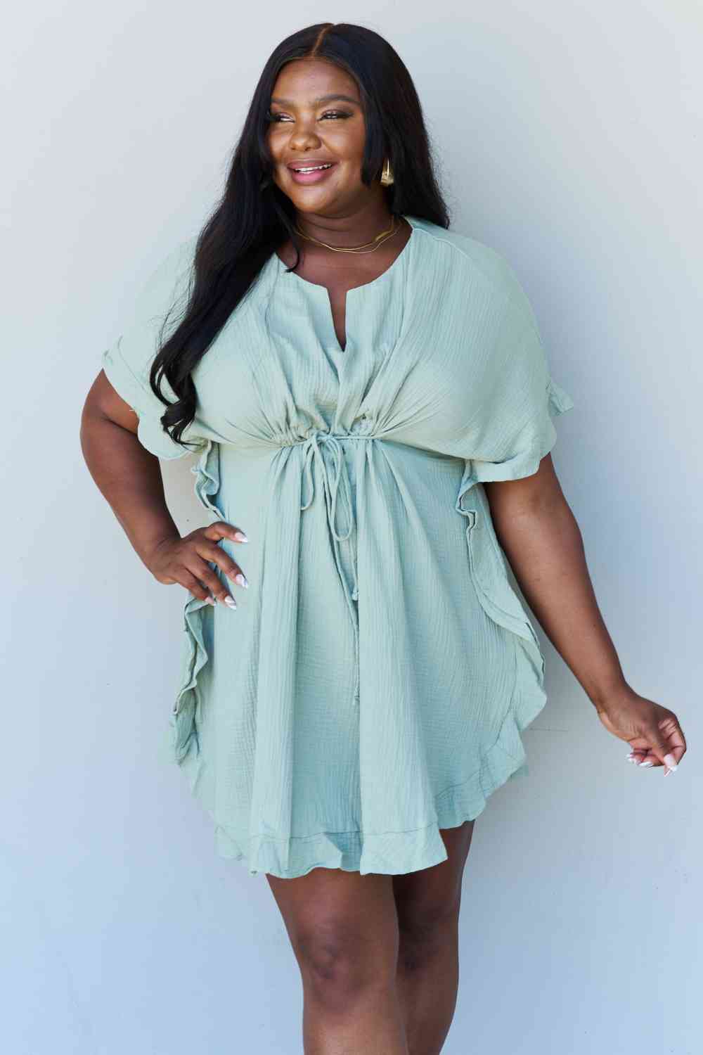 Ninexis Out Of Time Full Size Ruffle Hem Dress with Drawstring Waistband in Light Sage - TRENDMELO