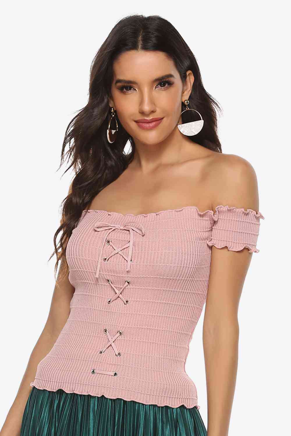 Lace-Up Front Lettuce Hem Off-Shoulder Knit Top - TRENDMELO