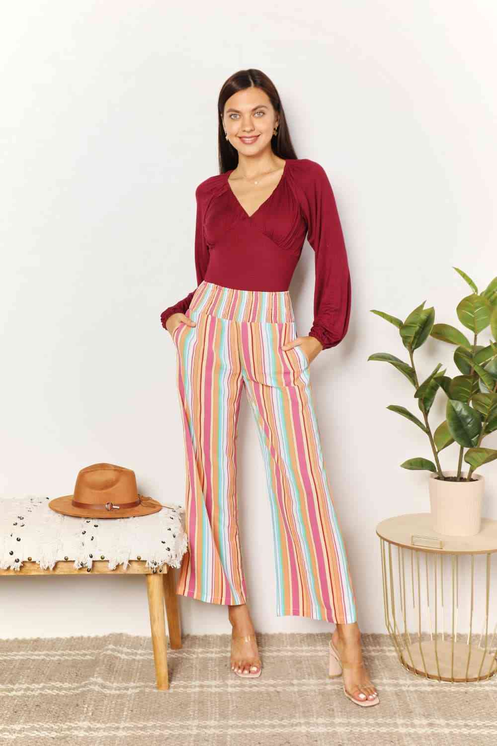 Double Take Striped Smocked Waist Pants with Pockets - TRENDMELO