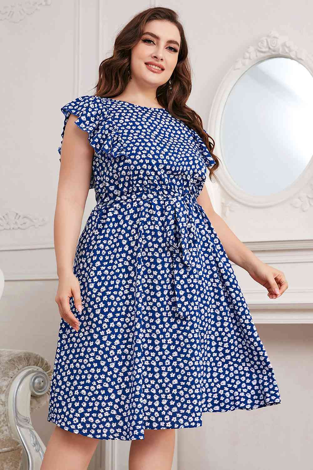 Plus Size Round Neck Tie Waist Dress - TRENDMELO