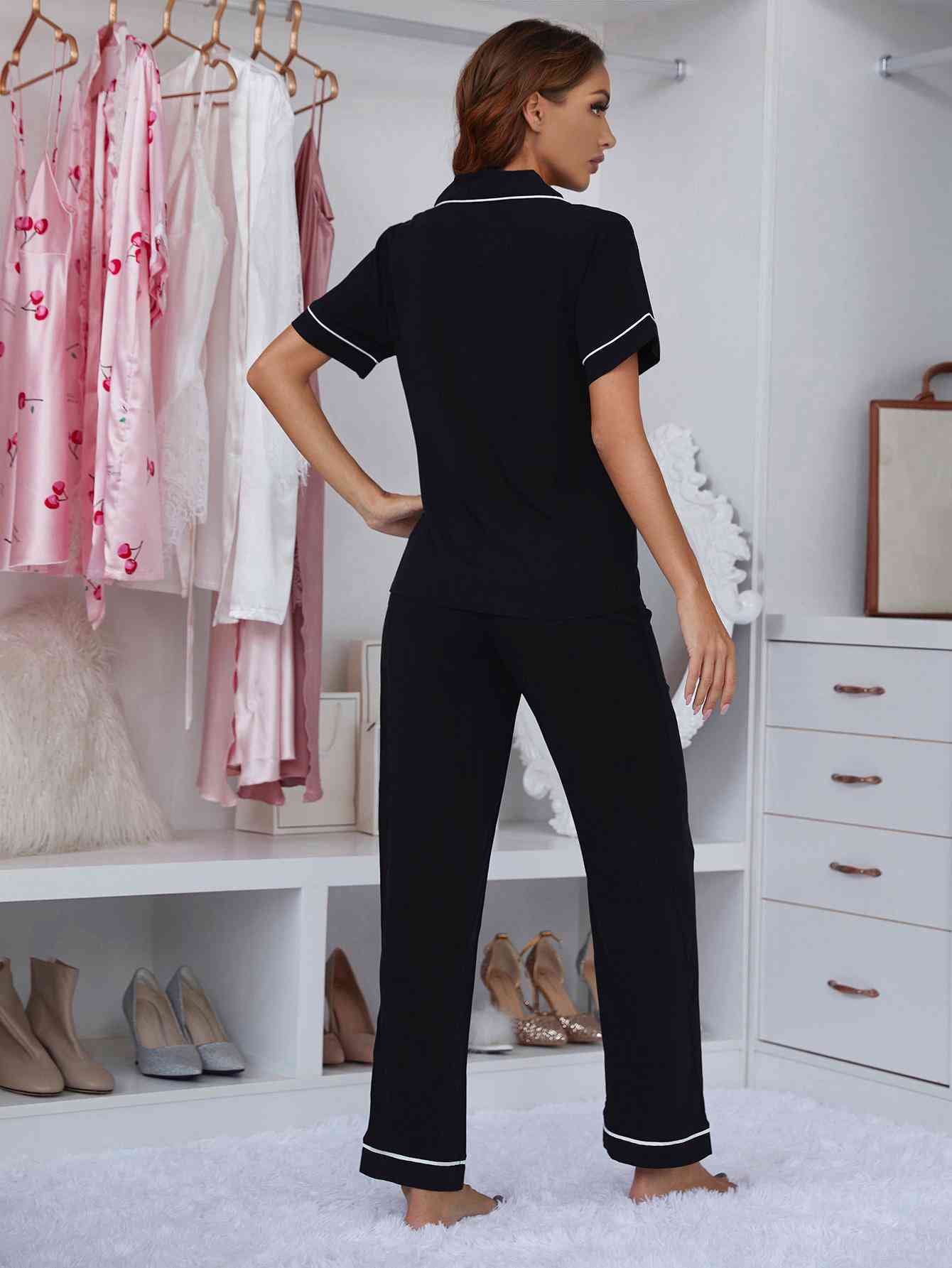 Contrast Piping Lapel Collar Short Sleeve Top and Pants Pajama Set - TRENDMELO