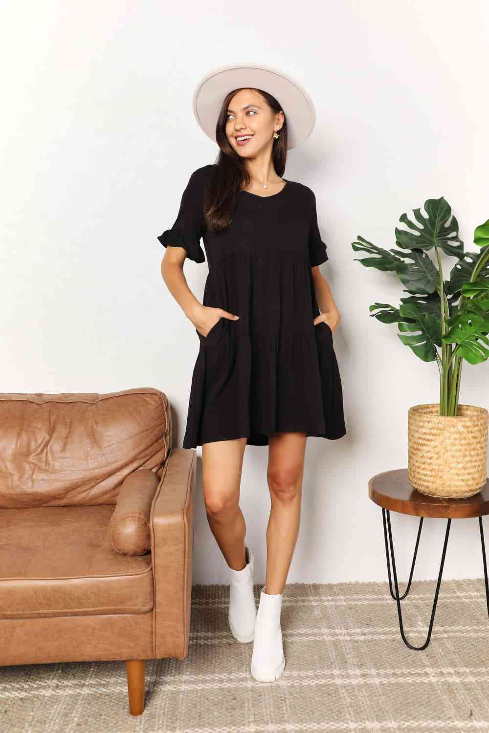 Double Take V-Neck Flounce Sleeve Tiered Dress - TRENDMELO