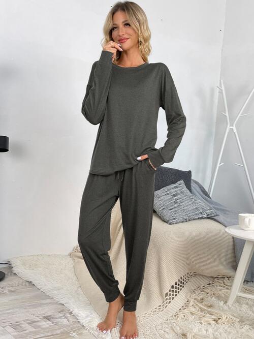 Round Neck Top and Drawstring Pants Lounge Set - TRENDMELO