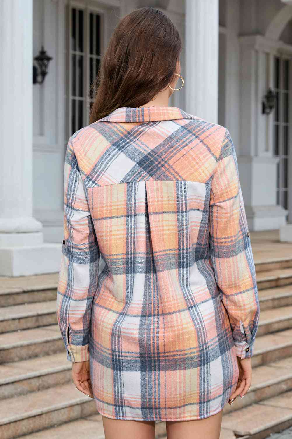 Collared Neck Long Sleeve Plaid Pocketed Shirt - TRENDMELO