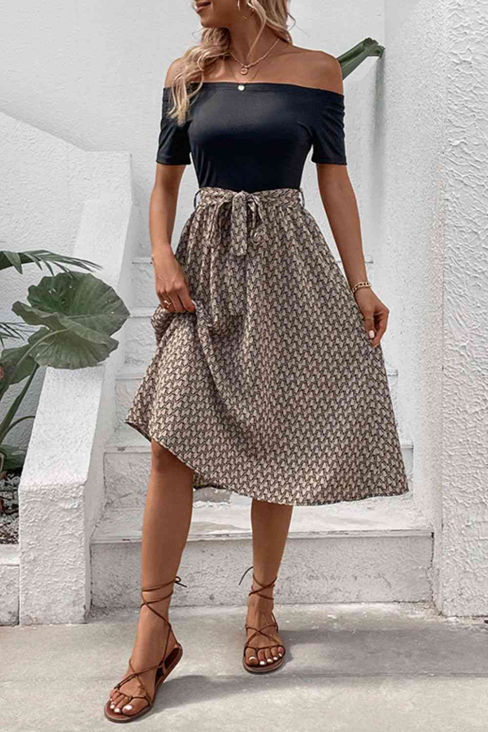 Printed Tie Belt Off-Shoulder Dress - TRENDMELO