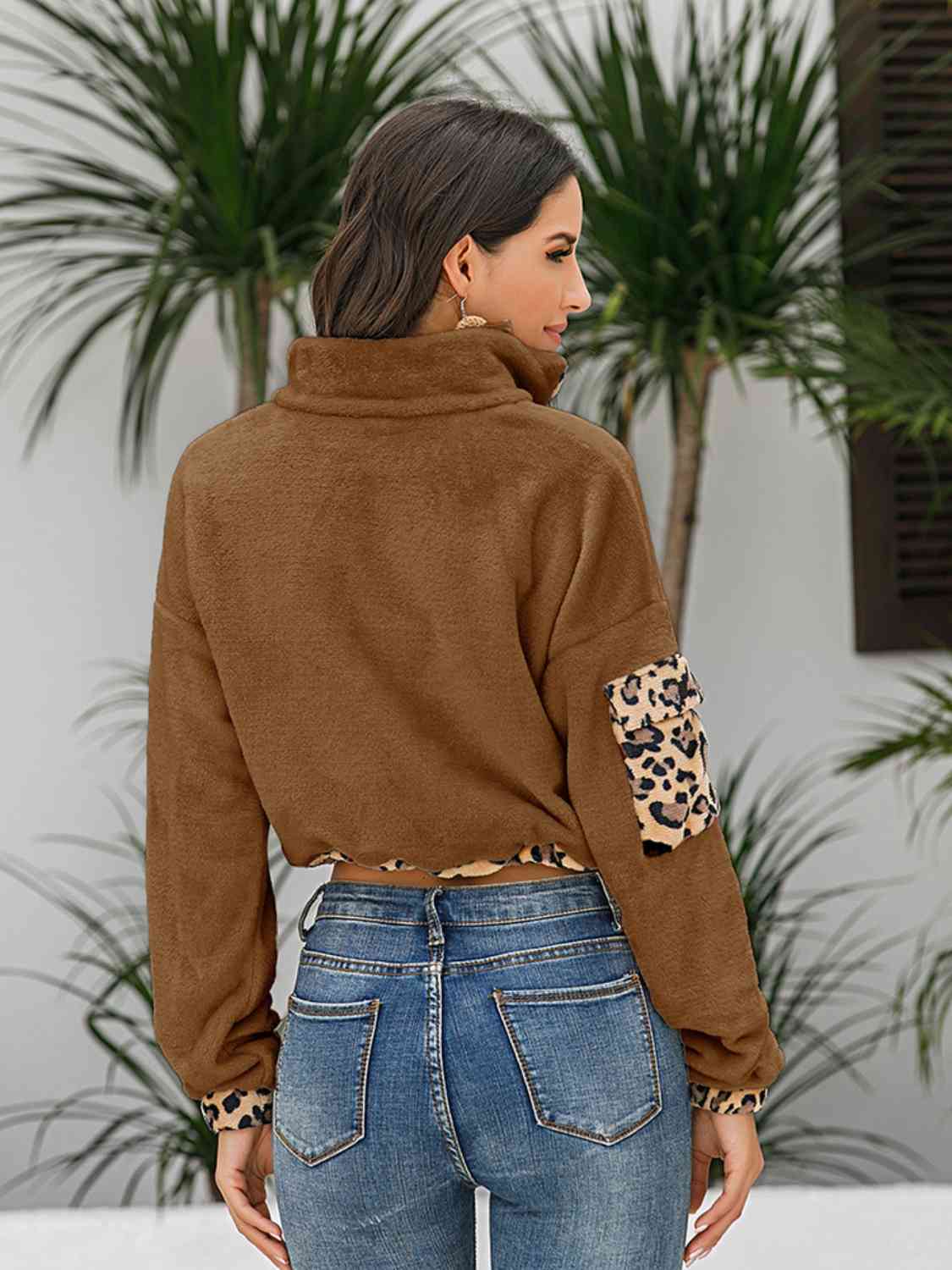 Leopard Half Zip Drawstring Cropped Sweatshirt - TRENDMELO