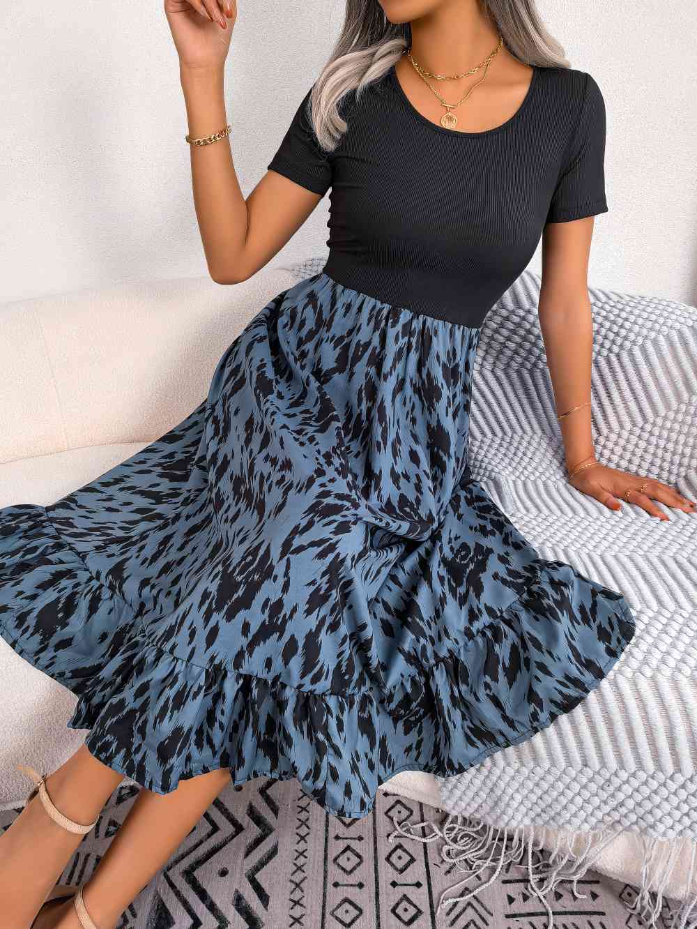 Printed Round Neck Ruffle Hem Dress - TRENDMELO